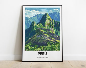 May include: A colorful illustration of Machu Picchu, an ancient Incan citadel located in the Cusco Region of Peru. The image features a mountain range with lush green vegetation and a blue sky with white clouds. The text "PERÚ" and "MACHU PICCHU" is printed below the image.