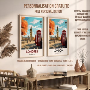 May include: Two vintage-style travel posters featuring illustrations of London, England. The left poster is in French and says "Londres" with the text "Royaume-Uni" below. The right poster is in English and says "London" with the text "United Kingdom" below. Both posters feature a red telephone booth, Big Ben, and a bridge.