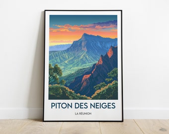 May include: A framed poster with a colorful illustration of a mountain range with a sunset sky. The text on the poster reads "Piton des Neiges LA REUNION".