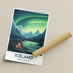 May include: A digital illustration of a red cabin with a lit window, nestled in a snowy mountain landscape under a vibrant green aurora borealis. The text "ICELAND AURORA BOREALIS" is at the bottom of the image.