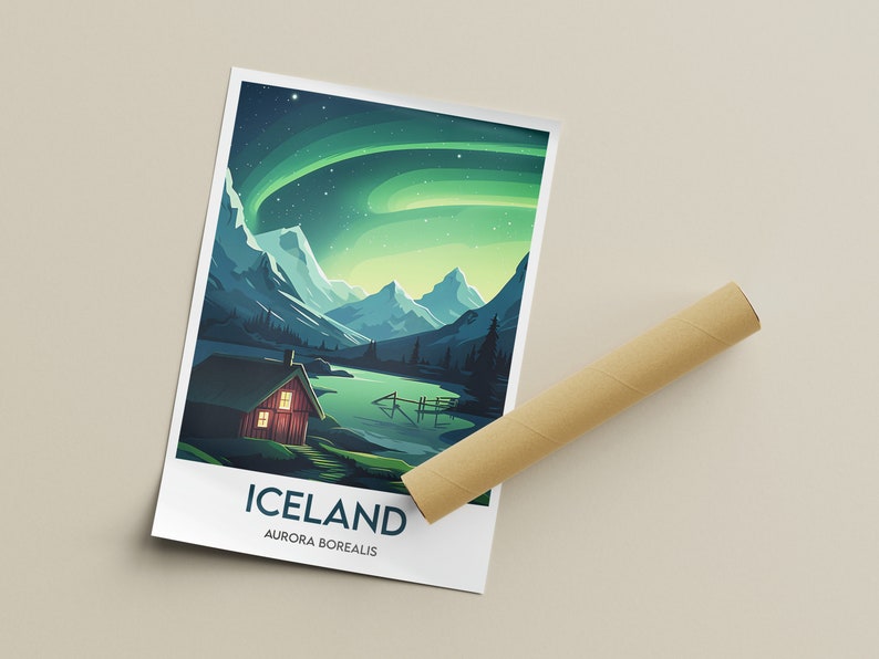 May include: A digital illustration of a red cabin with a lit window, nestled in a snowy mountain landscape under a vibrant green aurora borealis. The text "ICELAND AURORA BOREALIS" is at the bottom of the image.