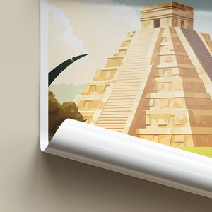 May include: A vintage travel poster featuring a large, detailed illustration of a Mayan pyramid with a blue sky and clouds in the background.