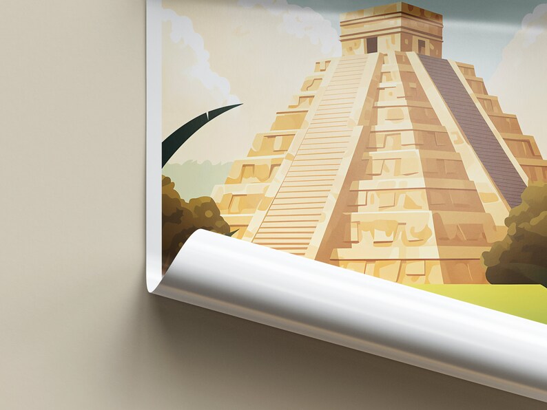 May include: A vintage travel poster featuring a large, detailed illustration of a Mayan pyramid with a blue sky and clouds in the background.