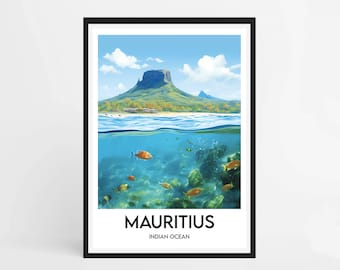 Travel poster of Mauritius, minimalist, turquoise (Digital)
