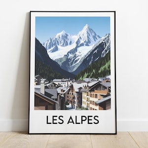 The Alps Poster | France Mountain Travel Poster | Alpine Village Illustration | Ski Chalet Wall Decor | Mountain Lover Gift