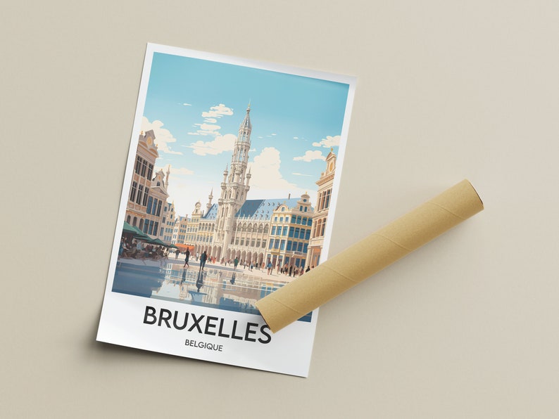May include: A colorful illustration of the Grand Place in Brussels, Belgium. The image features the iconic Town Hall and surrounding buildings, with a blue sky and white clouds in the background. The text "BRUXELLES BELGIQUE" is printed at the bottom of the image.