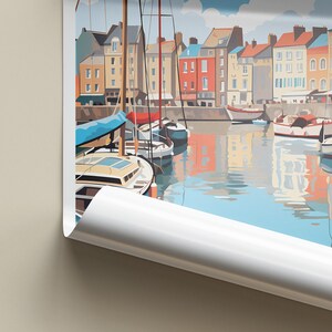May include: A colourful painting depicting a harbour scene with boats moored in a line. The boats are various shades of blue, white, and red. The buildings in the background are a mix of yellow, red, and brown. The water is a light blue colour with reflections of the buildings and boats.