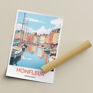 May include: A colourful illustration of the harbour in Honfleur, France. The image shows a row of colourful buildings lining the harbour, with boats docked in the water. The text "Honfleur, Normandie" is printed at the bottom of the image.