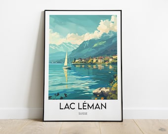 Lake Geneva Poster, Retro Swiss Art, Soft Colors (Digital or Printed)