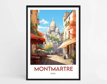 May include: A framed art print of Montmartre, Paris. The image depicts a street scene with cafes, buildings, and the Sacré-Cœur Basilica in the background. The print has a black frame and features the text "Montmartre Paris" in a red font.