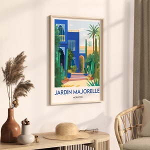 Pu&ograve; includere: Un'illustrazione colorata di un edificio blu con una palma e altre piante. Il testo "Jardin Majorelle, Marocco" &egrave; stampato sotto l'immagine.