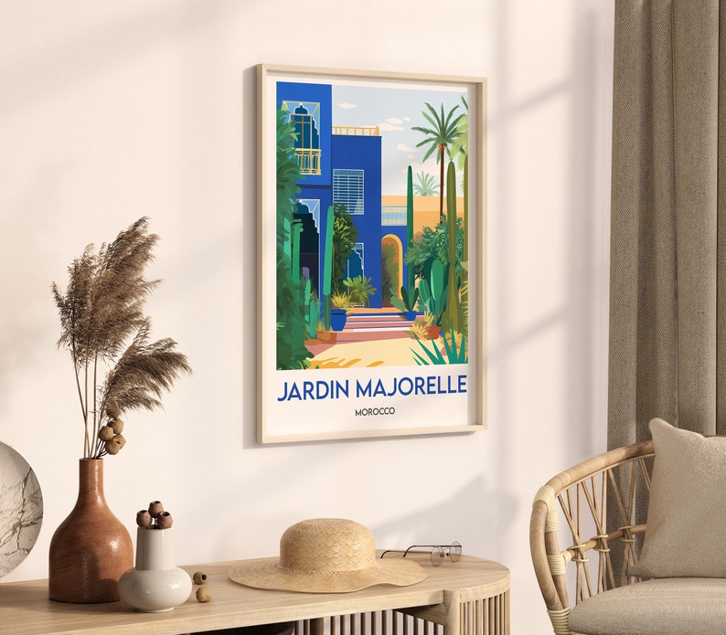 Pu&ograve; includere: Un'illustrazione colorata di un edificio blu con una palma e altre piante. Il testo "Jardin Majorelle, Marocco" &egrave; stampato sotto l'immagine.