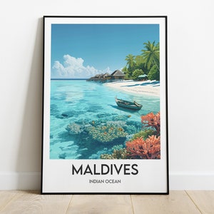 MALDIVAS | Océano Índico | Afiche | Imprimir | Ilustración de playa paradisíaca