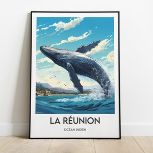Isla Reunión, Océano Índico, Póster, Salto de ballena, Ilustración