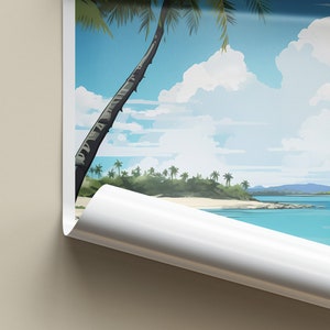 Pu&ograve; includere: Un'illustrazione digitale di una scena di spiaggia tropicale con una palma in primo piano, nuvole bianche in un cielo blu e un oceano turchese con una spiaggia sabbiosa in lontananza.