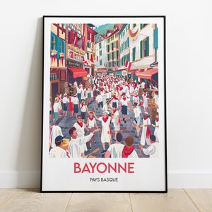Cartel de Bayona, festivales de Bayona, impresión digital, cartel de viaje, arte mural, Francia, País Vasco