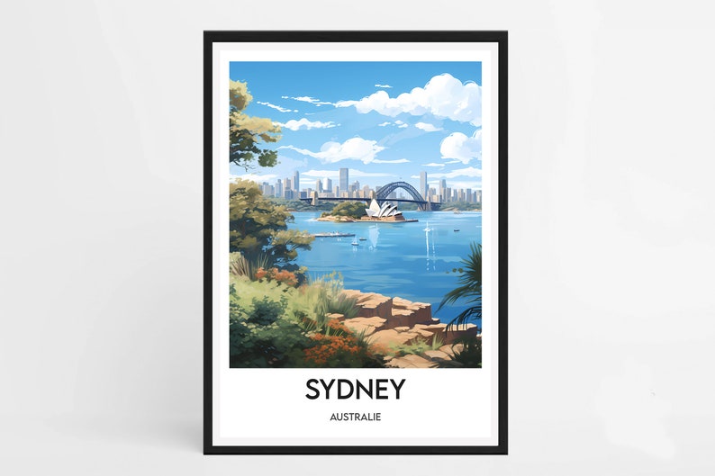 May include: A colorful illustration of the Sydney Opera House and Harbour Bridge in Australia. The image is framed with a black border and has the text "SYDNEY" and "AUSTRALIE" at the bottom.