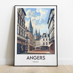 Puede incluir: Una ilustración colorida de una escena callejera en Angers, Francia. La imagen presenta una calle estrecha bordeada de edificios altos, con un campanario de iglesia visible en la distancia. El cielo es azul con nubes blancas.