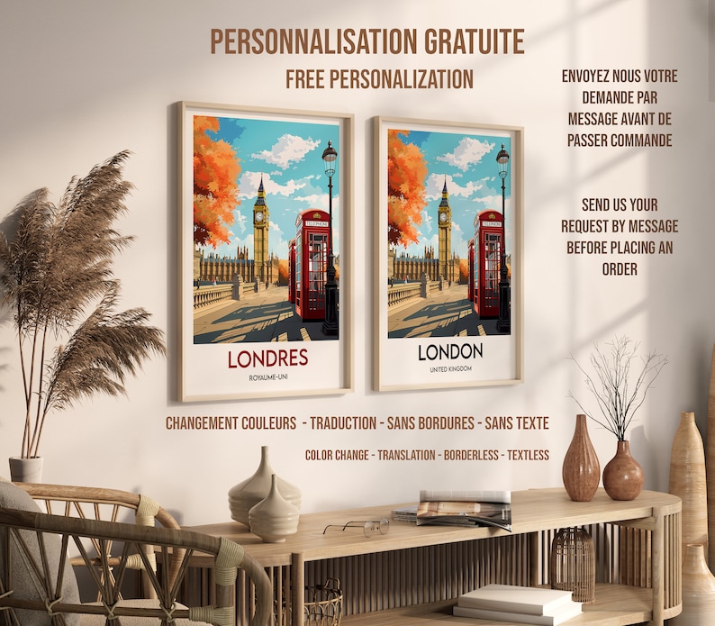 May include: Two vintage-style travel posters featuring illustrations of London, England. The left poster is in French and says "Londres" with the text "Royaume-Uni" below. The right poster is in English and says "London" with the text "United Kingdom" below. Both posters feature a red telephone booth, Big Ben, and a bridge.