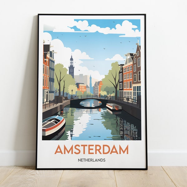 Affiche d'Amsterdam - Art mural minimaliste - Illustration de la ville - Décor mural contemporain - Cadeau pour les voyageurs