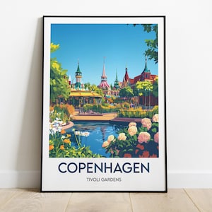 Póster del Tivoli de Copenhague | Póster de jardines coloridos de Dinamarca | Ilustración escandinava | Decoración de pared de viaje CPH | Regalo de viaje a Dinamarca