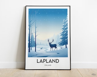 May include: A blue and white poster with a silhouette of a deer in a snowy forest. The poster says "Lapland, Finland" at the bottom.