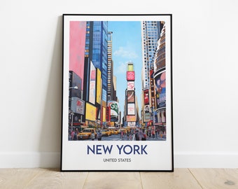 May include: A colorful illustration of Times Square in New York City, featuring tall buildings, bright billboards, and yellow taxis. The text "NEW YORK" and "UNITED STATES" is printed below the image.
