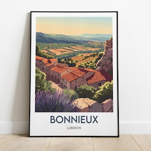 Bonnieux poster with Luberon view | Provence landscape poster | Southern France illustration |Lavender wall decoration | Luberon travel gift