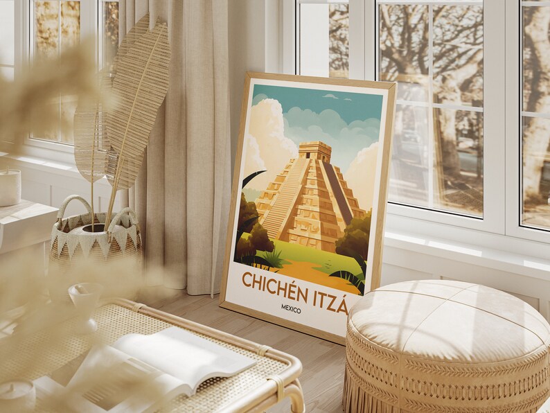May include: A framed poster with a colorful illustration of the Chichen Itza pyramid in Mexico. The poster has a white background with the text "Chich&eacute;n Itz&aacute;" and "Mexico" in brown lettering.