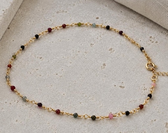 Dainty Multicolor Tourmaline Anklet, 18k Gold Filled Beaded Ankle Bracelet