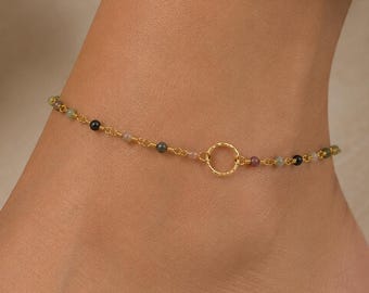 Multi Tourmaline Anklet, 18k Gold Filled Beaded Ankle Bracelet, Boho Summer Jewelry, October Birthstone