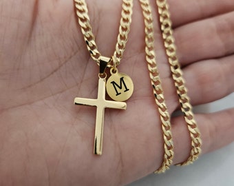 Personalized Cross Necklace, Engraved Initial Pendant, 18k Gold Filled