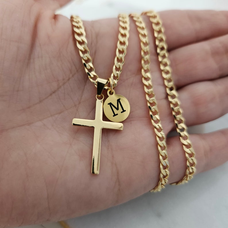 Personalized Cross Necklace, Engraved Initial Pendant, 18k Gold Filled image 1