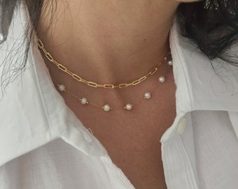 Gold Paperclip Chain Necklace with Freshwater Pearls