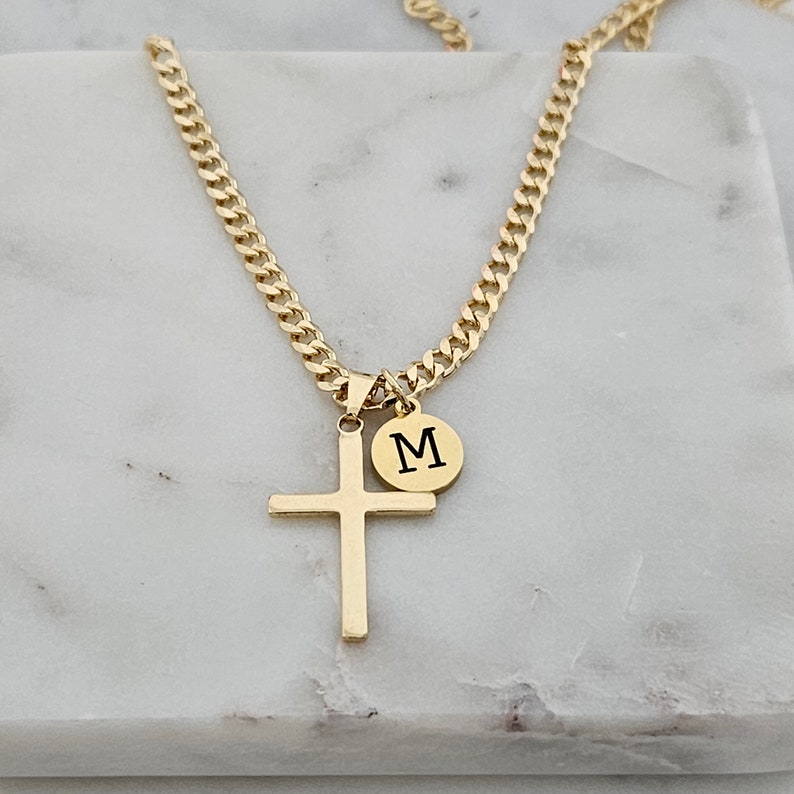 Personalized Cross Necklace, Engraved Initial Pendant, 18k Gold Filled image 3