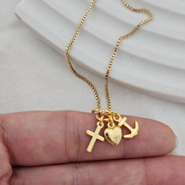 18k Gold 3 Virtues Necklace Gold Cross Necklace Christian Jewelry Gift for her Gold Small Cross Heart Anchor Cross Pendant Religious Jewelry