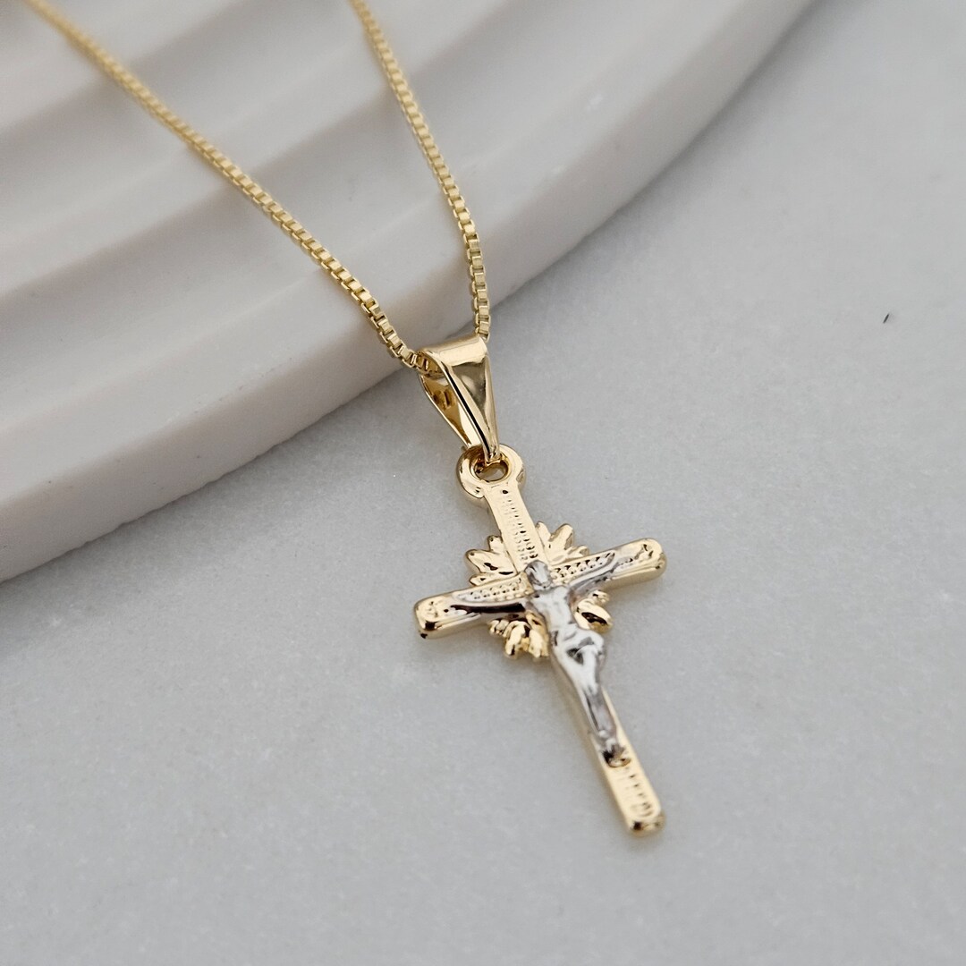 18k Gold Crucifix Necklace Gold Cross Necklace Unisex Gold Cross