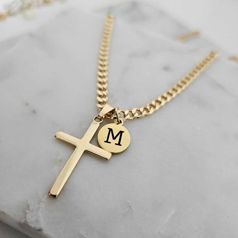 Personalized Cross Necklace, Engraved Initial Pendant, 18k Gold Filled image 8