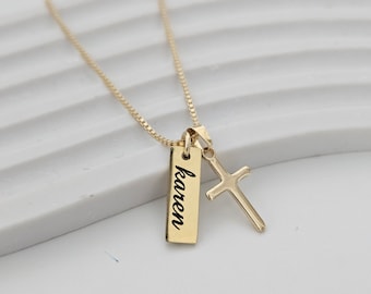 Custom Name bar whit Crucifix Necklace 18K Gold Filled Cross Necklace Unisex Cross Pendant Christian Jewelry Gift for her Boyfriend Gift