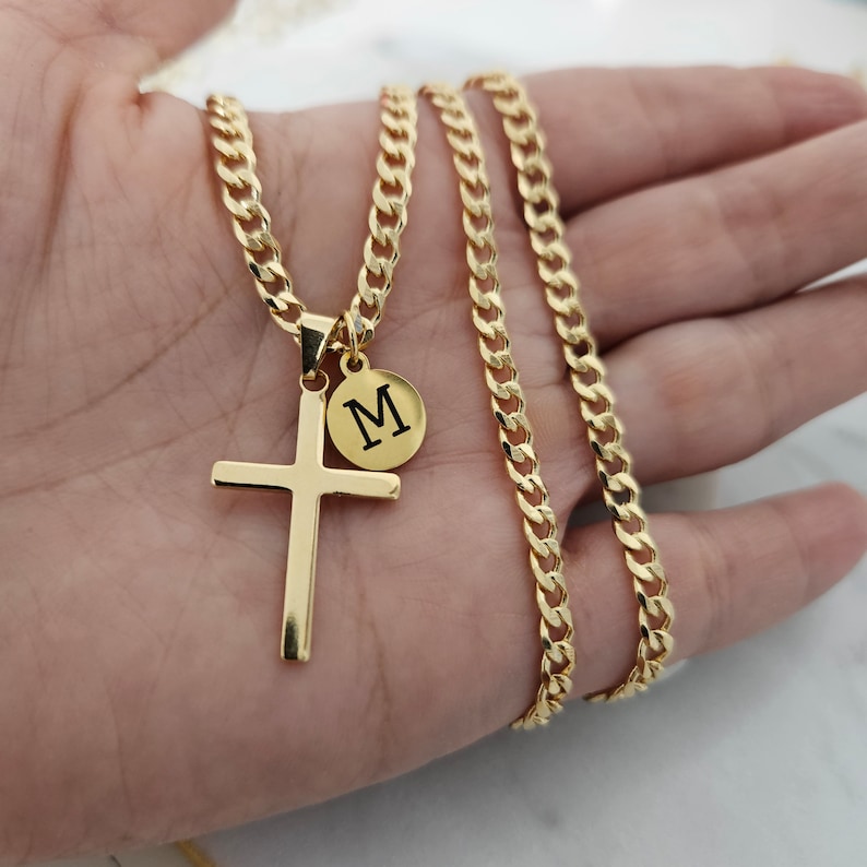 Personalized Cross Necklace, Engraved Initial Pendant, 18k Gold Filled image 6
