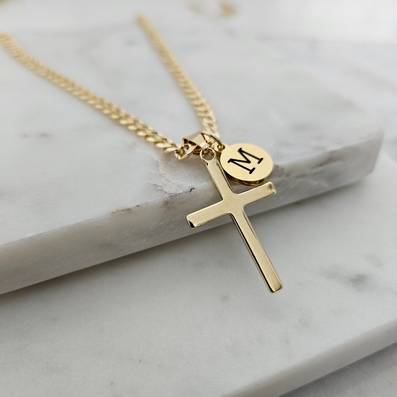 Personalized Cross Necklace, Engraved Initial Pendant, 18k Gold Filled image 4