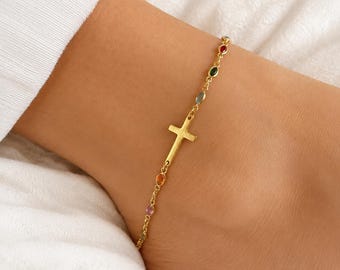 18k Gold Filled Cross Anklet, Dainty Christian Faith Beach Jewelry