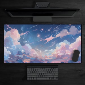 Stary Sky Kawaii Desk Mat, lofi desk mat, Anime gaming mouse pad, Cute desk accessories, XL mouse pad, Pastel desk pad,  Large desk mat