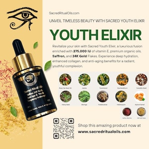 May include: A glass bottle of Sacred Ritual Oils Youth Elixir, a luxurious facial oil enriched with 275,000 IU of vitamin E, saffron, and 24K gold flakes. The bottle is labeled with the product name and ingredients, including rose hip seed oil, jojoba, tocotrienol, sea buckthorn, camellia seed, hemp seed, moringa, frankincense, helichrysum, and apricot kernel. The bottle is sitting on a gold and brown surface.