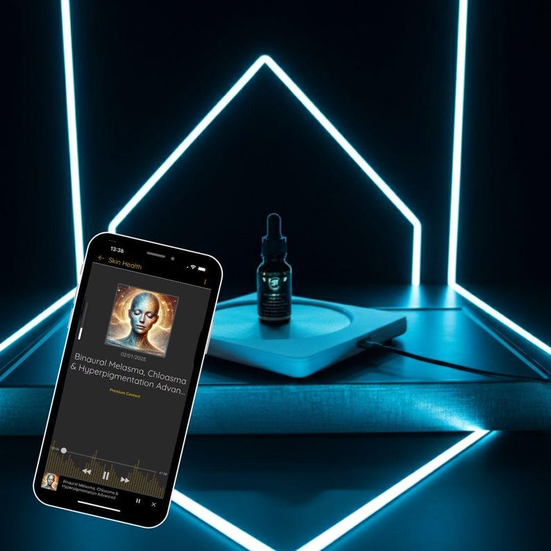 May include: A black bottle with a dropper sits on a white platform, next to a smartphone displaying a skin health app. The app shows an image of a woman and text that reads "Binaural Melasma, Chloasma & Hyperpigmentation Advan..." The background features neon blue geometric shapes.