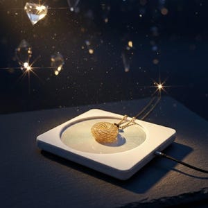 May include: A gold pendant necklace with a spherical cage design rests on a white square platform. The platform is on a dark surface, with sparkling diamond-shaped accents in the background. A black cord connects to the platform.