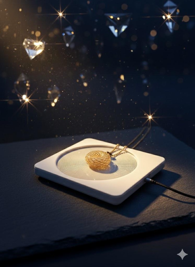 May include: A gold pendant necklace with a spherical cage design rests on a white square platform. The platform is on a dark surface, with sparkling diamond-shaped accents in the background. A black cord connects to the platform.