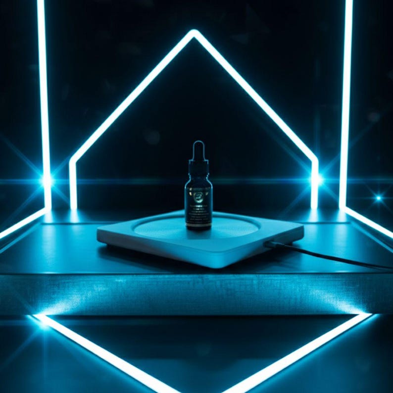 May include: A small, dark glass bottle with a dropper top sits on a square, light-coloured platform. The platform is on a dark blue surface, illuminated by bright blue neon lights in a geometric pattern. The bottle has a gold label.