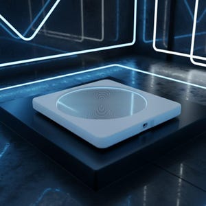 May include: A white square device with a circular, metallic centre featuring concentric circles. The device sits on a black platform, illuminated by blue neon lights in a futuristic setting. A small port is visible on the side.
