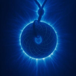 May include: A blue pendant necklace featuring a circular, spiral-patterned design. The pendant is illuminated with a bright, glowing effect, radiating outwards. The necklace cord is dark and knotted.